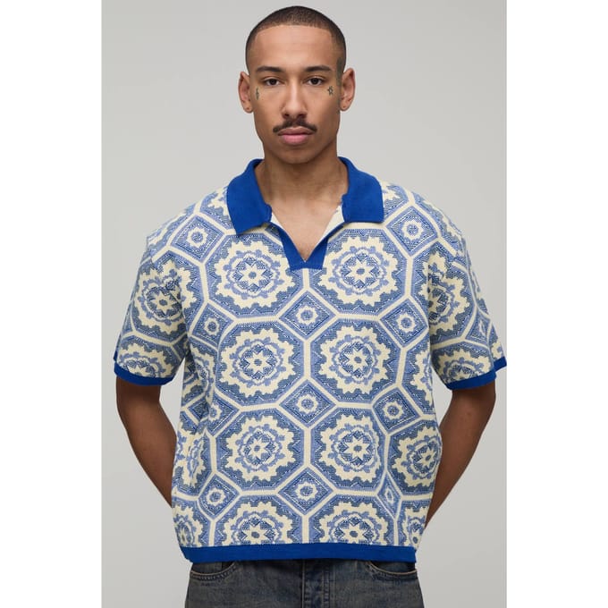 Oversized Boxy Crochet Cotton Blend Knitted Polo T-Shirt | Yellow | Size Medium