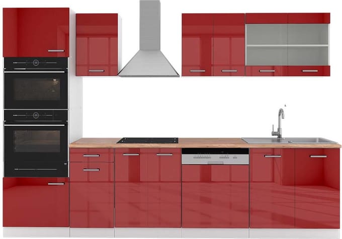 Vicco R-Line Complete keukeneenheid – 300 cm met hoge kast, WB Eik Rood hoogglans/wit