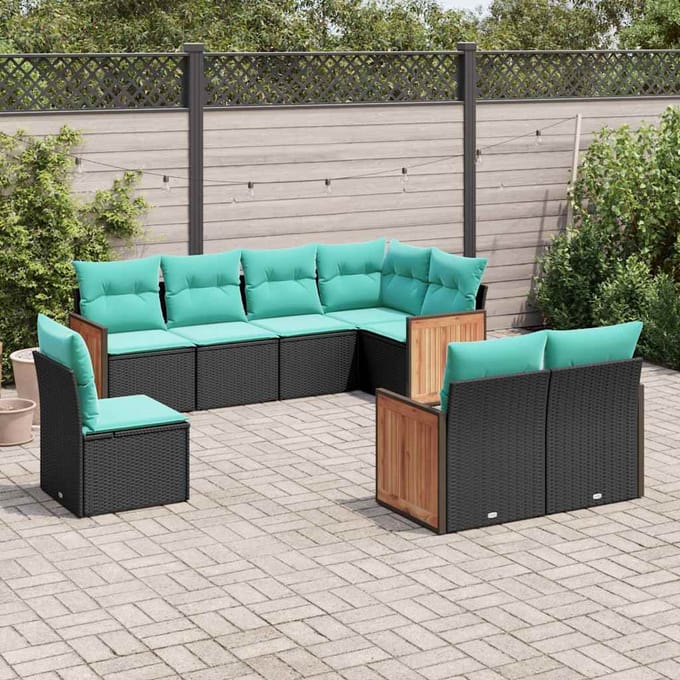 vidaXL - 8-delige - tuinbankset - met - kussens, - zwart - polyrotan