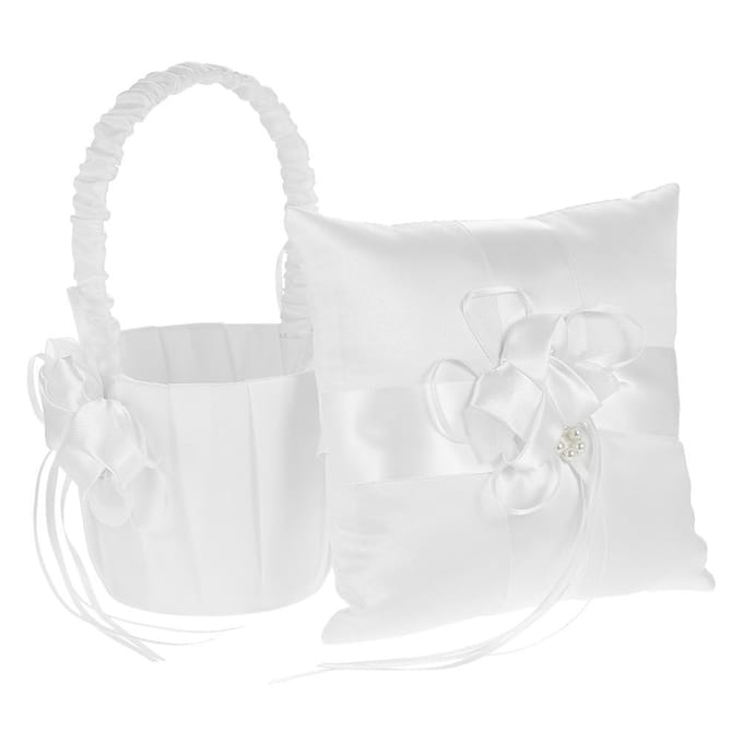 7 * 7 inch Ivoorwit Satijn Bloemen Strik Ringkussen en Bruidsmeisjesmandje Set white