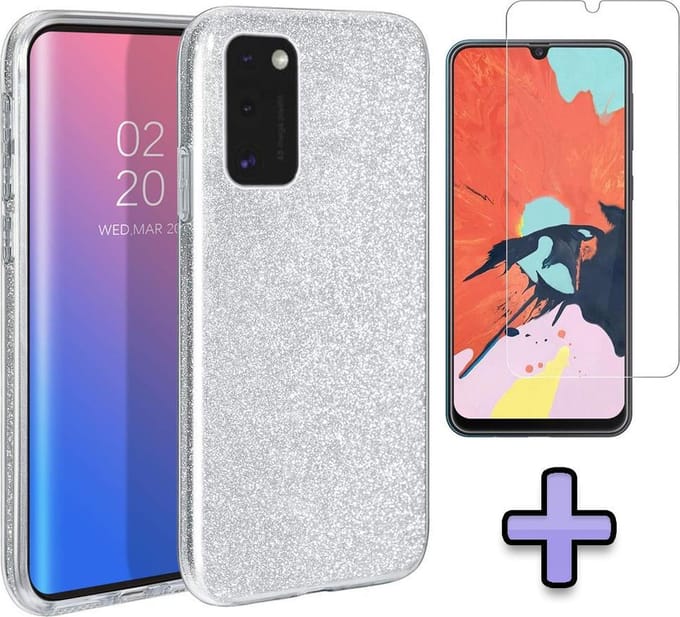HB Hoesje Geschikt voor Samsung Galaxy A41 - Zilver - Glitter Back Cover + Tempered Glazen Screenprotector