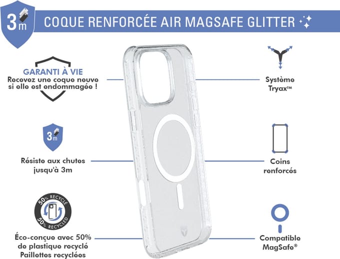 Force Case, Hoesje geschikt voor iPhone 16 Pro Max - MagSafe AIR Versterkt Tryax System met Glitters, Transparant
