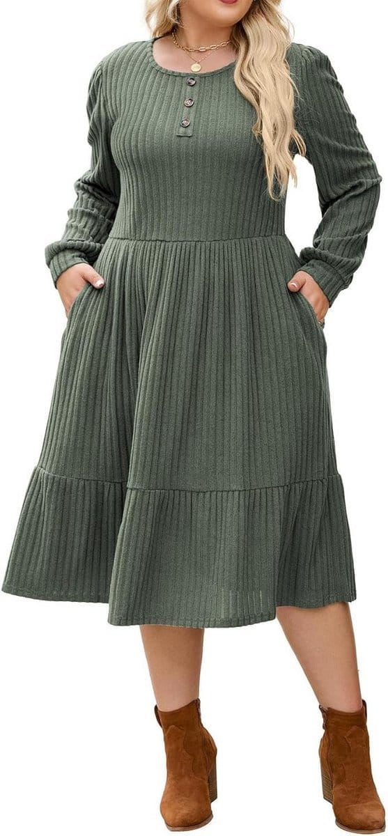 Elegante Gebreide Midi Jurk met Lange Mouwen voor Dames