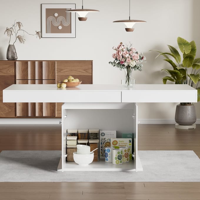 REDOM - Uitschuifbare Eettafel - Met Opbergruimte - Modern - Voor Eethoek - Spaanplaat - Wit - 140/180 Cm