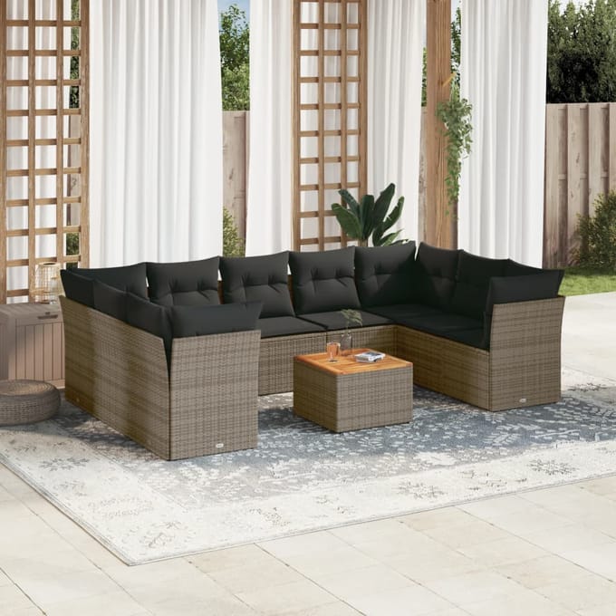 vidaXL - 10-delige - Loungeset - met - kussens - poly - rattan - grijs