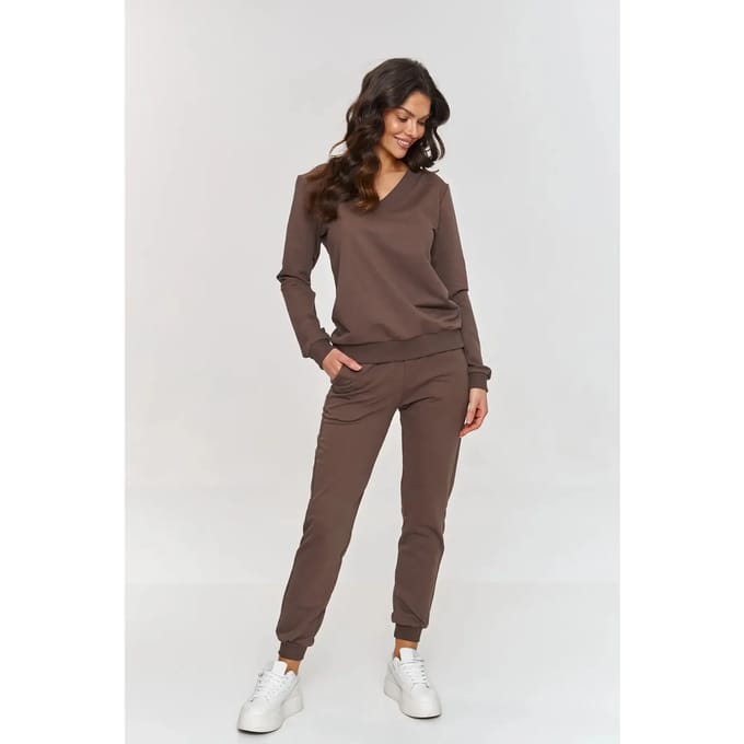 V-hals sweatshirt set en joggingsbroek voor dames Makadamia