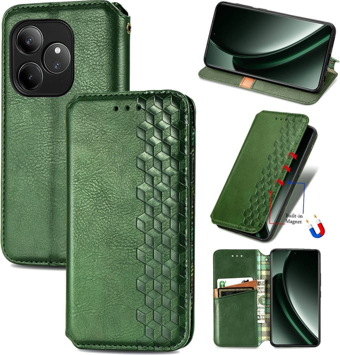 Luxe PU Lederen Ruitpatroon Wallet Case + Screenprotector voor Realme GT 6 / 6T _ Groen
