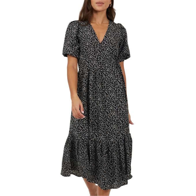 Brave Soul Dames Bloemen Wikkeljurk (Zwart/Wit)