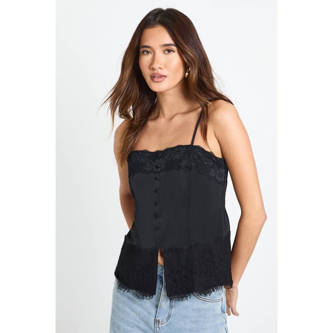 boohoo Dames Satijn-Kant Mix Cami met knoopsluiting | Black | Maat: 6