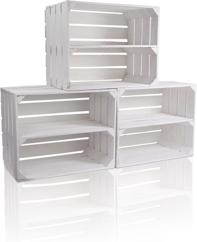 Set van 3 Houten Kisten in Witte Vintage Stijl - Stapelbare Opslagkisten