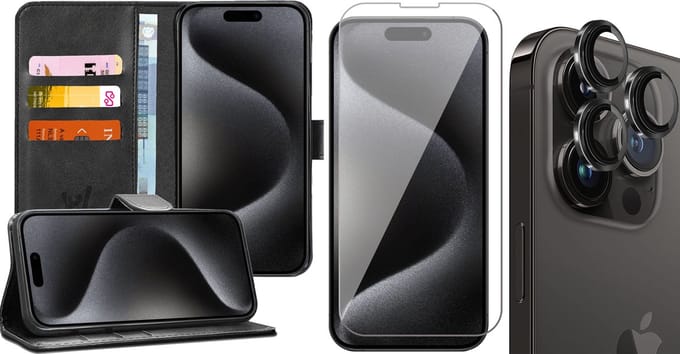 Hoesje geschikt voor iPhone 15 Pro Max - Screenprotector GlassGuard & Camera Lens Screen Protector Zwart - Book Case Kunstleer Pasjeshouder Zwart