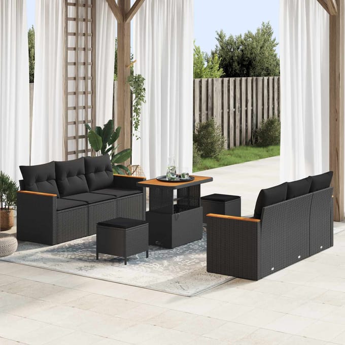 vidaXL - Tuinbank - Set - 9 - pcs - Zwart - poly - rattan