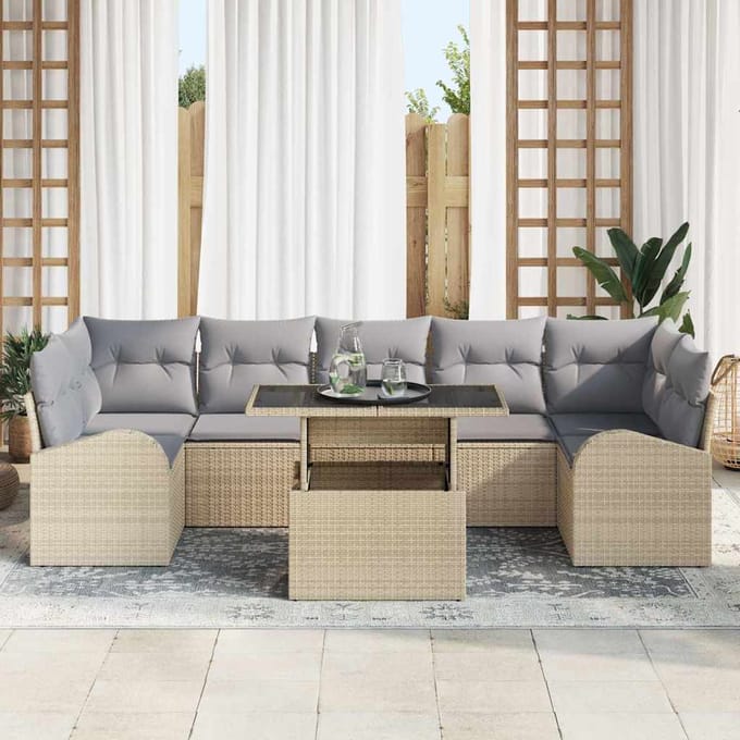 vidaXL Tuinbank Set met kussen met opslag 8 pcs Beige Poly Riet
