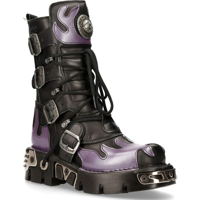New Rock Flame geaccentueerde zwart/rode leren biker-schedellaarzen - M-591-S5