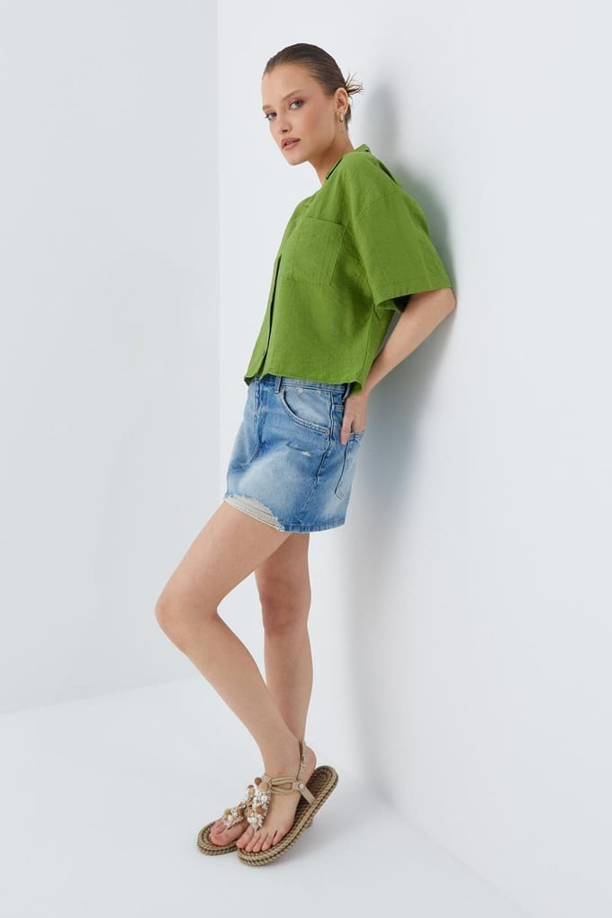Losse Fit Knop-Up Crop Shirt met Zak