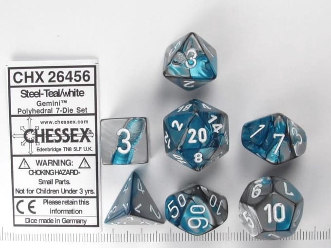 Chessex Gemini Steel-Teal/wit Polydice Dobbelsteen Set (7 stuks)