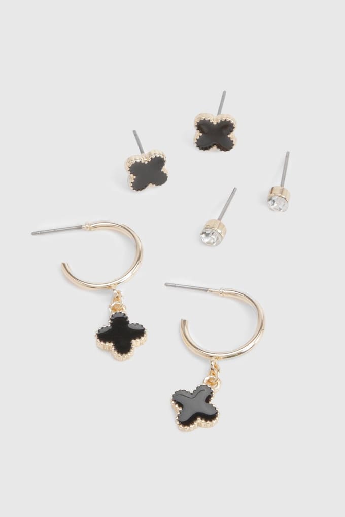 boohoo Dames Zwarte Emaille Klaver Oorbellen 3-Pack | Goud