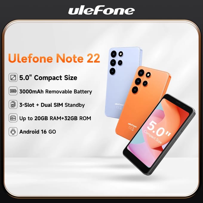【Wereldpremière】 Ulefone Note 22 Mini 5,0" Smartphone – Android 16, Verwisselbare Accu, Dual SIM Standby, Wereldwijde Versie Cosmic Orange