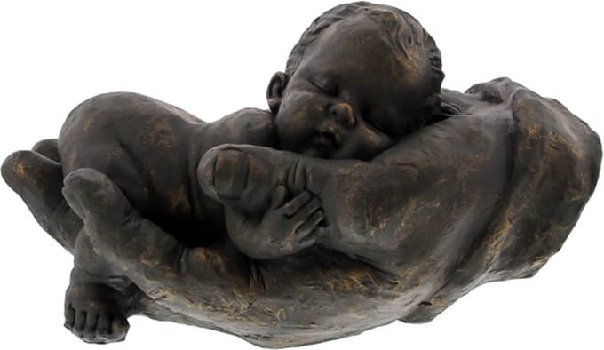 Spaarpot baby liggend op hand - Bronskleurig polystone geschenk