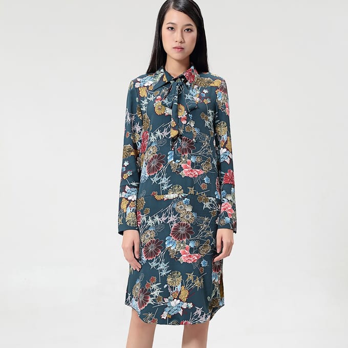 Flower-print ascot-tie shirt-jurk