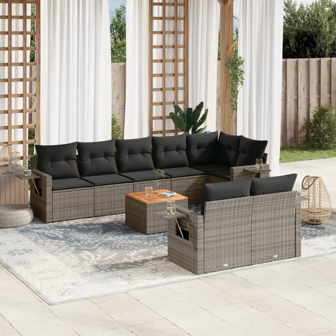 vidaXL - 9-delige - Loungeset - met - kussens - poly - rattan - grijs