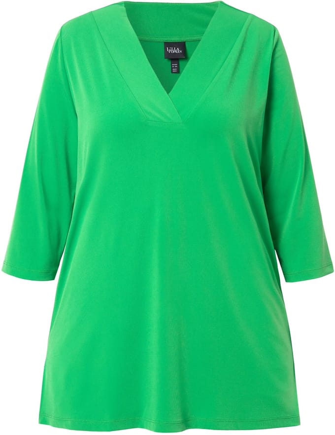 Ulla Popken - Dames - Longshirt A-lijn V-hals 3/4-mouwen - Mosgroen - Maat 66+