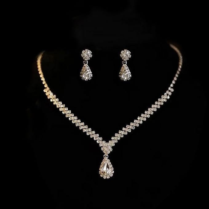 Diamant Drop Oorbellen, Armbanden, Oorbellen, Ketting Set, Modieuze Bruids Bruiloft Sieraden, Drie delige Set. blauw