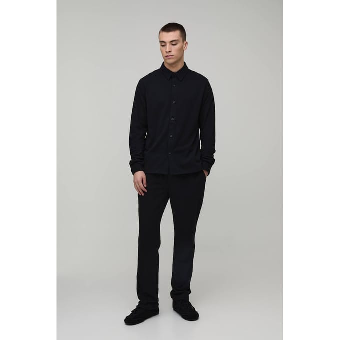 Regular Fit Shirt met Lange Mouwen en Toelopende Broek Set | Black | Size Medium