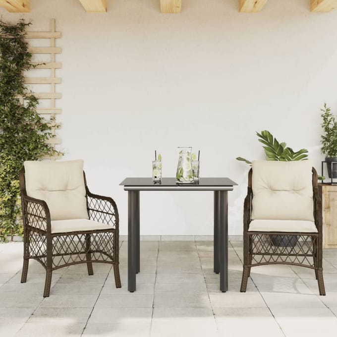 vidaXL - 3-delige - Bistroset - met - kussens - poly - rattan - bruin