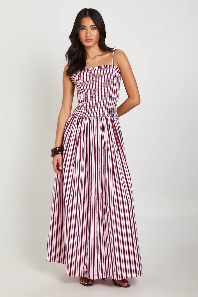 boohoo Dames Gestreepte Katoenen Gesmockte Skater Maxi Jurk | Roze | Maat: 36