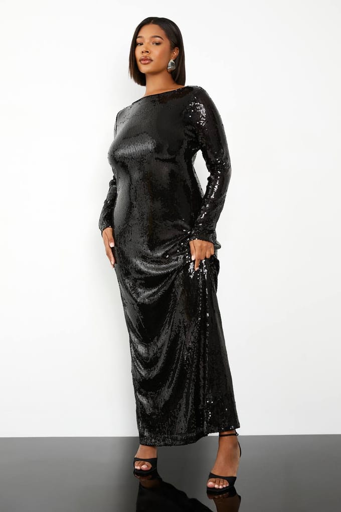 boohoo Dames Plus Pailletten Tie Back Maxi Kolomjurk | Black | Maat: 22