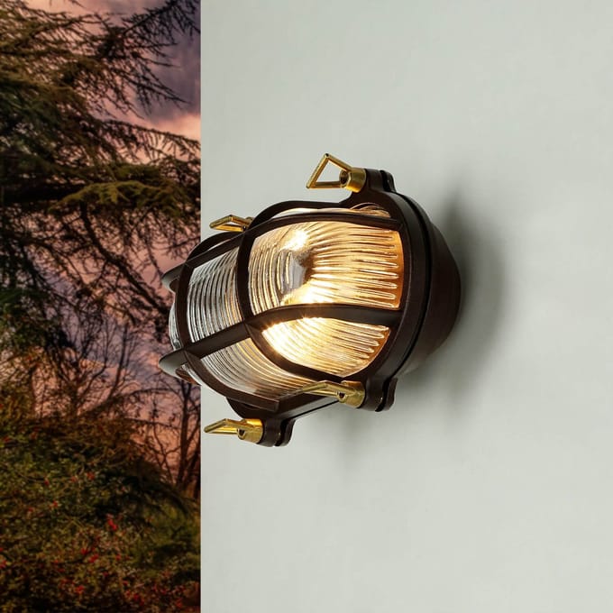 Licht-Erlebnisse - Skiathos - Wandlamp - IP64 - E27 - van - Echt messing glas - in - Roestbruin antiek