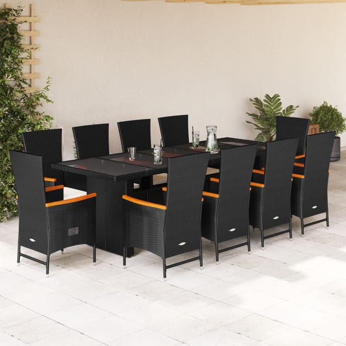 vidaXL 11-delige Tuinset met kussens poly rattan zwart