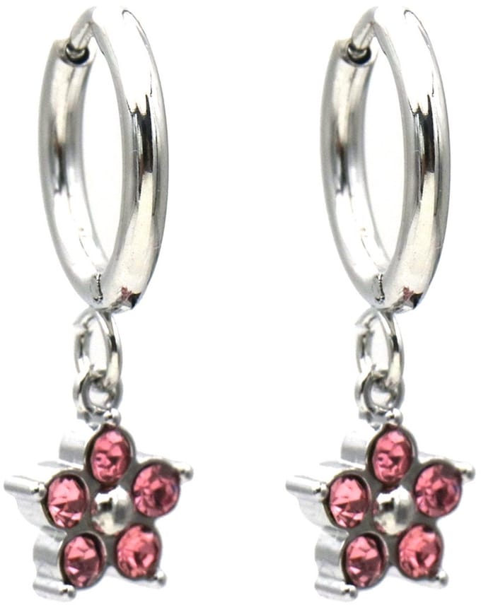 Oorbellen - RVS - kristal bloem - roze - 2,5x1,2 cm