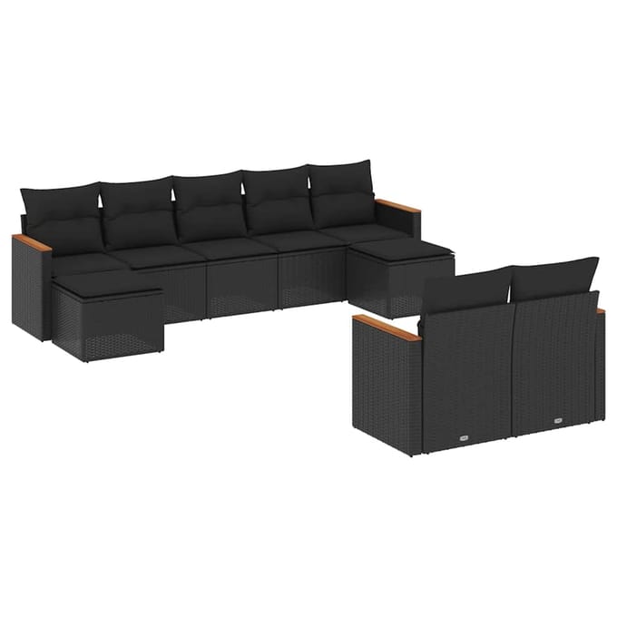 vidaXL - 9-delige - Loungeset - met - kussens - poly - rattan - zwart