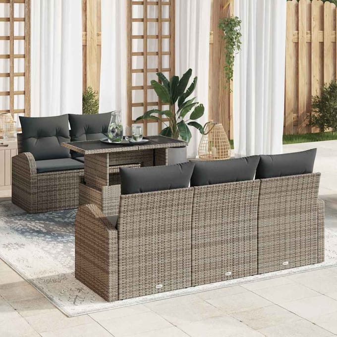 vidaXL Tuinbank Set met kussen met kussen 6 pcs Grijs Poly Riet