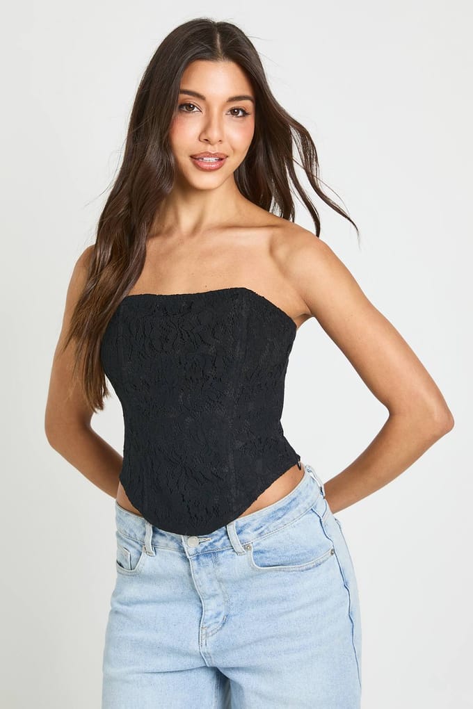 boohoo Dames Kanten Bandeau Corset Top | Zwart | Maat: 36