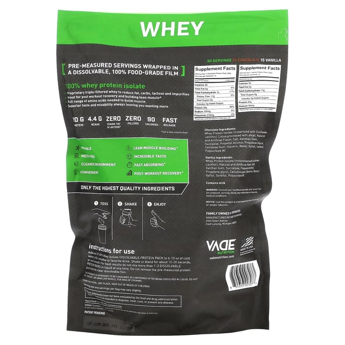 Vade Nutrition, Pack de Protéines Solubles, 100% Isolat de Whey, Chocolat & Vanille, 1,6 lb (735 g)