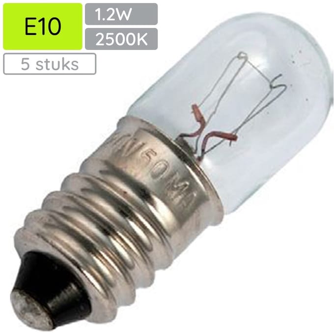 Signaallamp E10 30V 1.2W - 40 mAh - 5 stuks - T10 Gloeilamp Ø10mm - 28mm - 2500K - Dimbaar