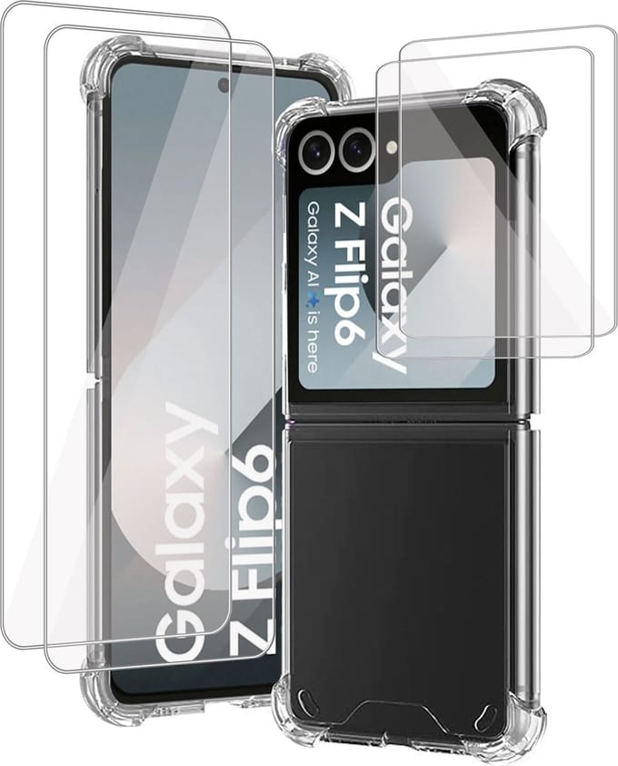Hoesje + 2x Screenprotector geschikt voor Samsung Galaxy Z Flip 6 / Flip 7 FE – Folie- Case Transparant