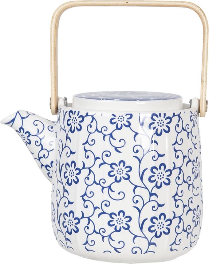 Clayre & Eef Theepot 800 ml Blauw Wit Porselein Bloemen