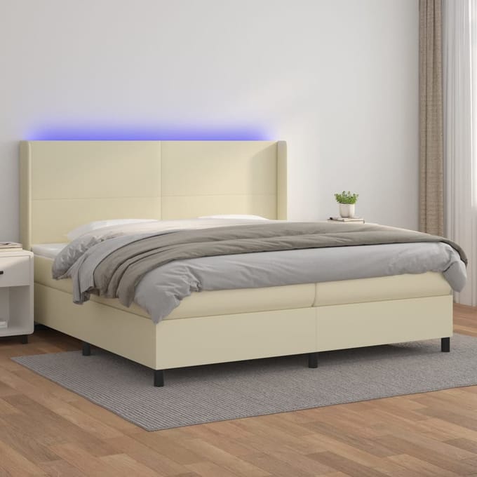 vidaXL - Boxspring - met - matras - en - LED - kunstleer - crèmekleurig - 200x200 - cm