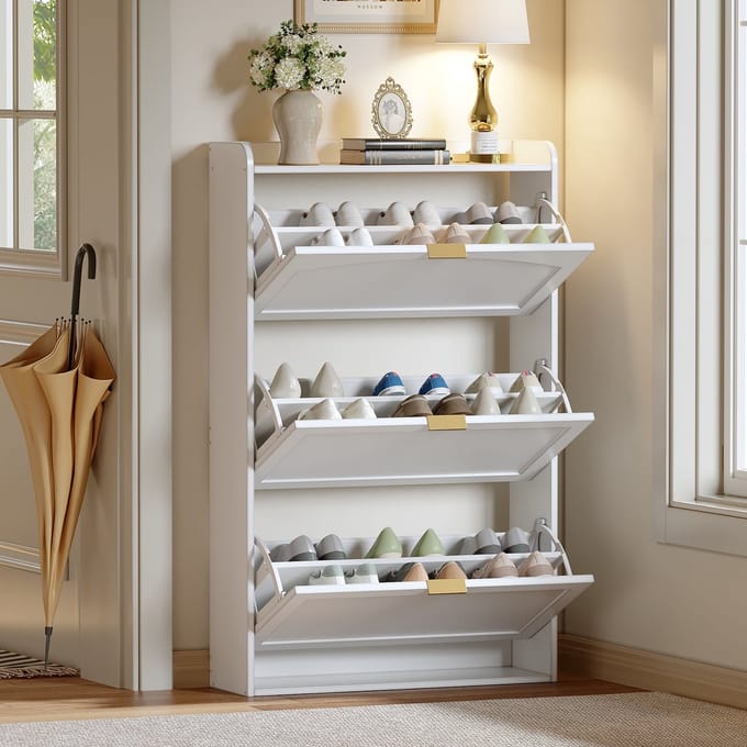 Schoenenkast - 76x118x23 cm - Met 3 Klappen - Smal Ontwerp - Hout - Wit