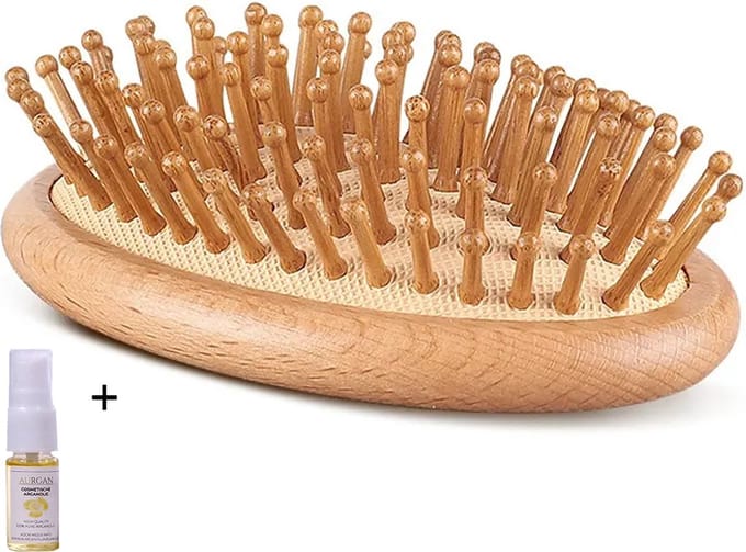Aurgan Oval houten Haar- en Baardborstel met luchtkussen - handformaat - inclusief 10ml Aurgan haarolie