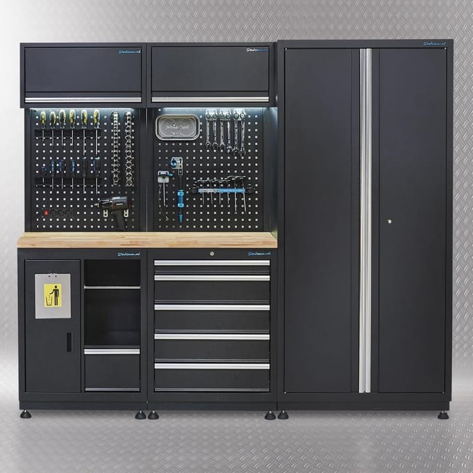 Datona® Werkplaatsinrichting PREMIUM met eiken werkblad 225 cm breed - Zwart