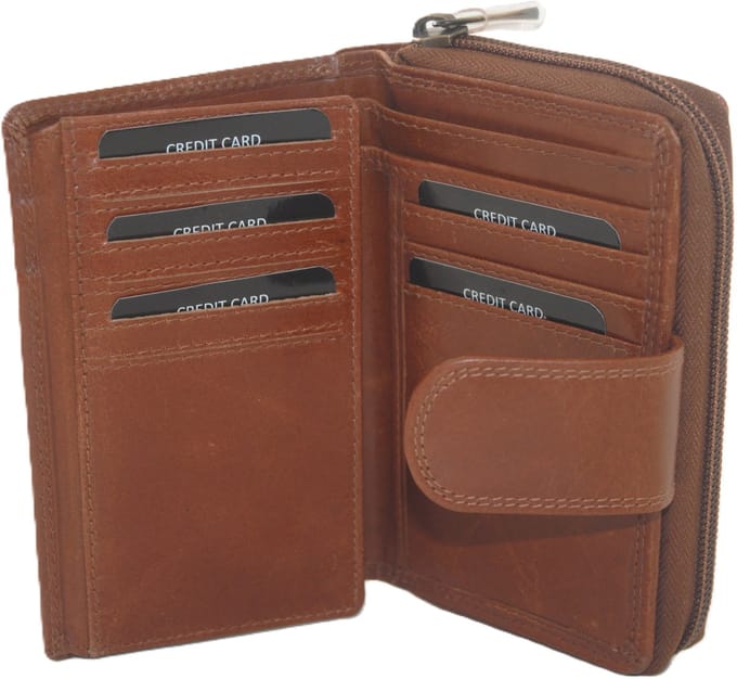 Luxe lederen ritsportemonnee / hoog model billfold middel met rits / RFID safe 222 Crunch Cognac