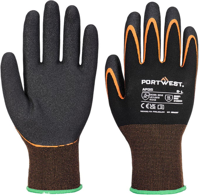 Portwest Grip 15 Nitril Dubbele Palm Handschoen - Zwart/Oranje - L