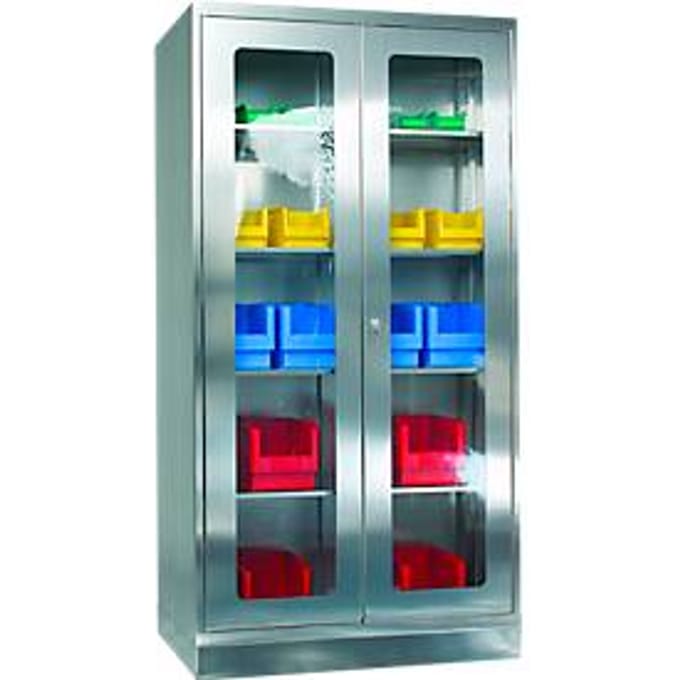 Rvs vitrinekast, 2-deurs, met sokkel, B 1000 x D 600 x H 1950 mm
