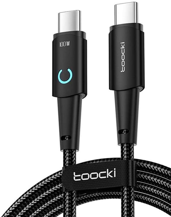 DrPhone Toocki PowerLine 100W 5A - 1 Meter - E-Marker - USB-C naar USB-C Snel Oplaadkabel LED-Indicator Voor o.a iPhone 16-17 Series / Switch / Macbook
