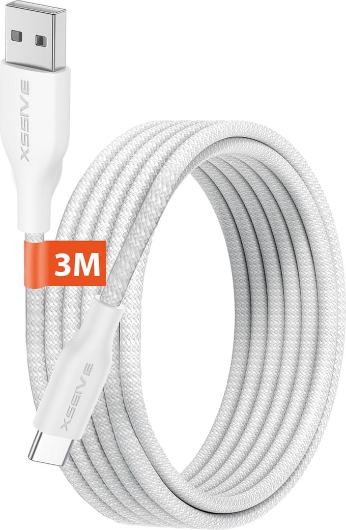 Lange USB-A naar USB-C Kabel 3 Meter - Quick Charge - Sterke USB naar USB C Kabels - Snellader - Wit